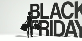 拿着购物袋的女人在黑色星期五的促销标志旁跳舞
