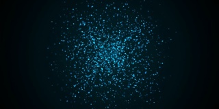 许多抽象的蓝色小粒子在空间中呈球形，计算机生成抽象背景，三维渲染