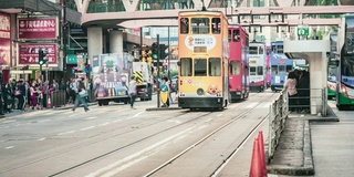 人群等着上车的有轨电车，在香港城市的公共交通与巴士和缆车，时间流逝