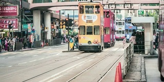 人群等着上车的有轨电车，在香港城市的公共交通与巴士和缆车，时间流逝