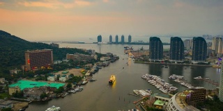 日落时间三亚河交通著名的航拍全景，时间跨度为4k中国