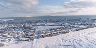 WS鸟瞰图被雪覆盖的城镇，冰岛