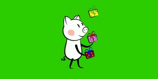 猪角色杂耍与礼物动画