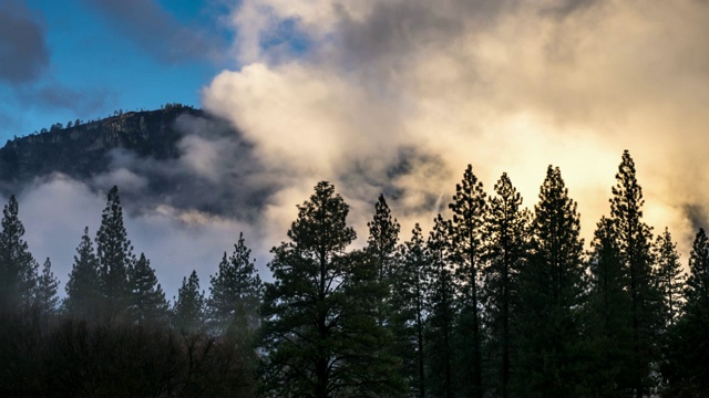 在优山美地瀑布前的松树上空旋转的雾-时间流逝