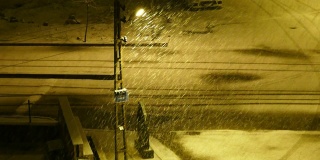 晚上下雪，路灯和雪，晚上下大雪，城市下雪，