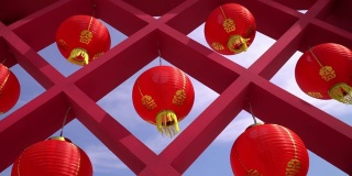 红色的中国灯笼装饰在中国新年节日快乐。快乐的节日的概念。
