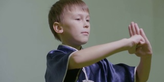 少年在武术中通过握拳来表现传统问候。武术