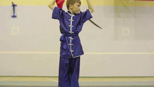 少年穿着传统服装练武术，用剑练长拳
