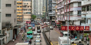 慢镜头:香港九龙弥敦道旺角花园街市的行人及交通背景
