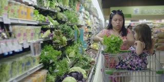 录像亚洲母亲和孩子在购物。