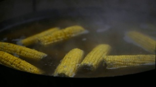 玉米。用平底锅煮的玉米头视频素材模板下载