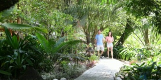 一对夫妇沿着小径穿过热带雨林花园