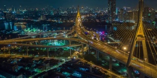 无人机在连接曼谷南部和沙慕普拉坎的被称为工业环城大桥的普密蓬大桥上空飞行。大桥横跨湄南河，解决交通问题。