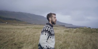 男子在看冰岛海滩附近草地的风景