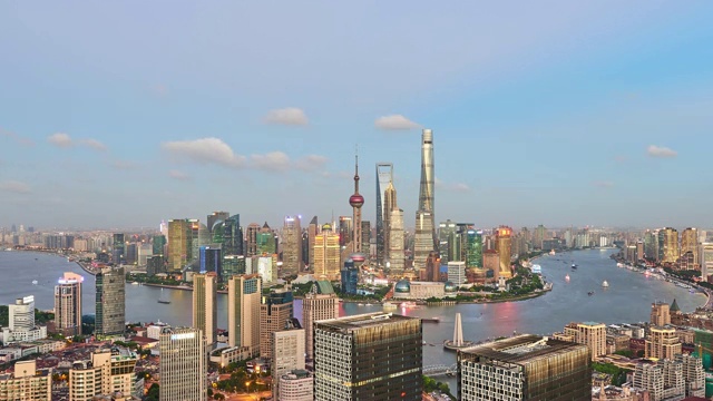 4K: Shanghai Skyline Panoramic at Day to Night Time Lapse, China