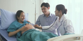 正面照片由摄影车拍摄:医生正在检查怀孕妻子和年轻丈夫肚子上的孩子健康状况