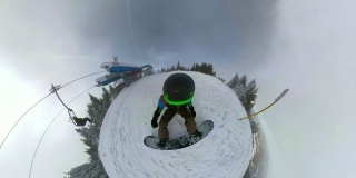 一个滑雪板运动员正在绑绳子的广角镜头