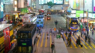 (缩小)香港铜锣湾夜晚的人流与交通。视频素材模板下载