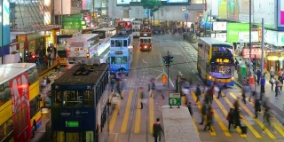 (缩小)香港铜锣湾夜晚的人流与交通。