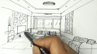 室内设计师在白纸上画草图视频素材模板下载