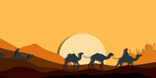 骆驼商队在沙漠中，动画