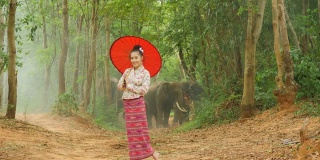 肖像迷人的亚洲妇女在传统东南亚服装看相机和微笑在自然的背景。