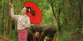 肖像迷人的亚洲女人在传统的东南亚服装舞蹈在自然的背景。
