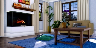 现代壁炉在舒适的客厅室内3D动画