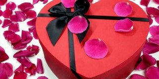 粉色玫瑰花瓣和一份浪漫的情人节礼物