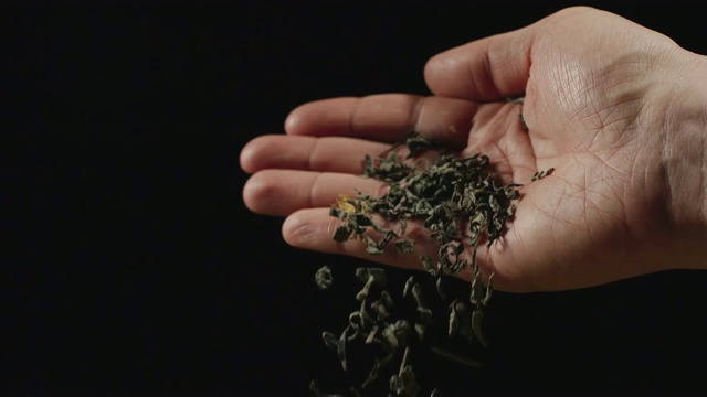 慢镜头:干绿茶叶子从人的手掌落下-正面