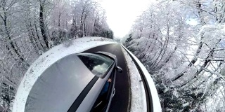 汽车正在穿越冬日森林，360度，VR360, 360VR, 360Video，小小星球效果