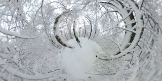 人走过美丽的冬季森林，VR360, 360度，360度，VR，小星球效果