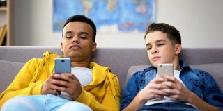 两个不同种族的男性青少年在网上冲浪，取代了现场交流