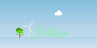 信息图运动图形风力发电机与城市。能源，电力，可持续的自然，清洁，可再生的发电站，风能，全球，清洁。