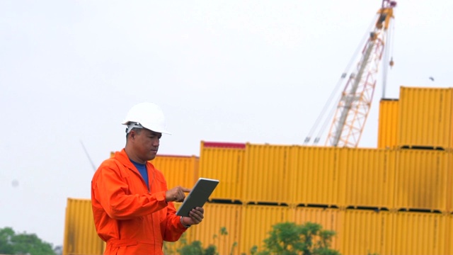 工程师使用数字平板电脑在港口的集装箱背景