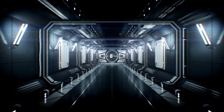 穿越未来宇宙飞船隧道，打开金属门，飞向白光。带有Alpha通道的抽象科幻3d动画。