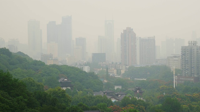 大雾天武汉最著名的寺庙城市景观全景4k中国