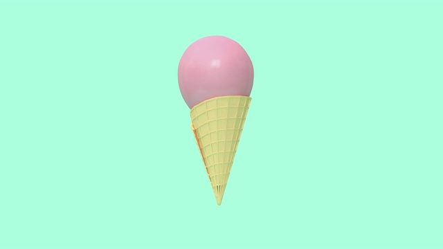 抽象的粉色冰淇淋蛋筒悬浮旋转绿色黑底三维渲染运动