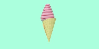 抽象的粉色冰淇淋蛋筒悬浮旋转绿色黑底三维渲染运动