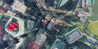 鸟瞰新加坡现代城市及通讯网络，智慧城市。物联网。信息通信网络。传感器网络。智能电网。概念抽象和工业4.0