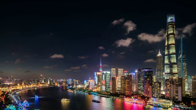 上海市中心夜景的延时/鸟瞰图