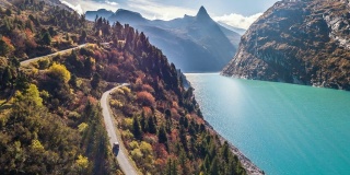 Lake Turquoise Car Mountains秋天Zervreilasee瑞士Aerial 4k