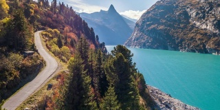 Lake Turquoise Road Mountains Autumn Zervreilasee Switzerland Aerial 4k