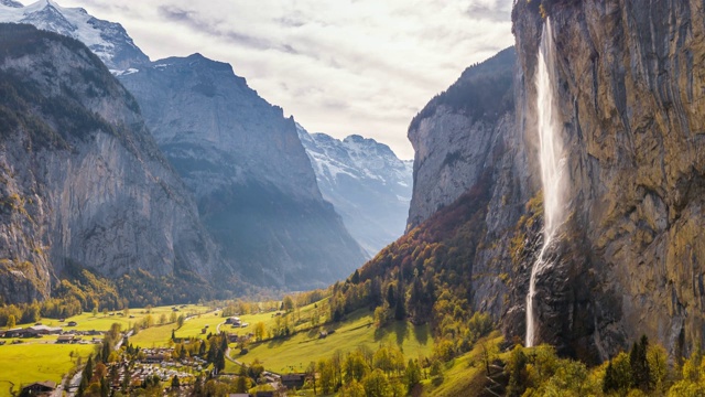 Swiss Mountain Village Lauterbrunnen Waterfall Switzerland Aerial 4k