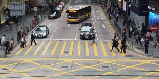 2019年3月4日，中国香港:香港德辅道中区繁忙街道的交通慢镜头。这是香港一条繁忙的主干道