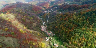 秋天。无人机在阳光下飞越五颜六色的山谷。采购产品自然景色，林地，旅游，旅游，探险，户外，假期