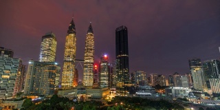 4K时间流逝日出，夜晚到白天吉隆坡天际线地标，马来西亚双子星塔
