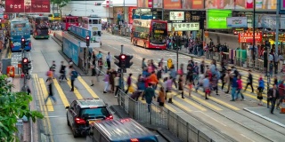 在香港铜锣湾的行人与历史电车的背景