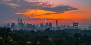 4K时间流逝日出，黑夜到白天吉隆坡天际线与双子星塔和吉隆坡塔的场景