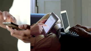 男性手在平板电脑上滑动信息的拼贴画视频素材模板下载